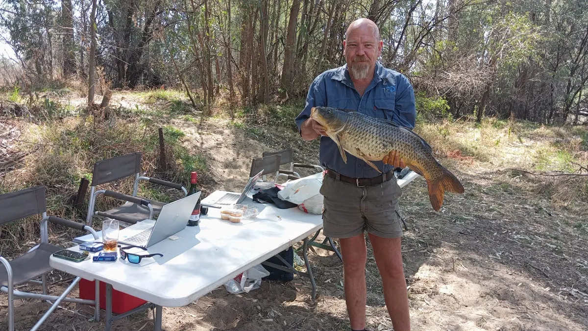 Angler with a carp at the riverside camp