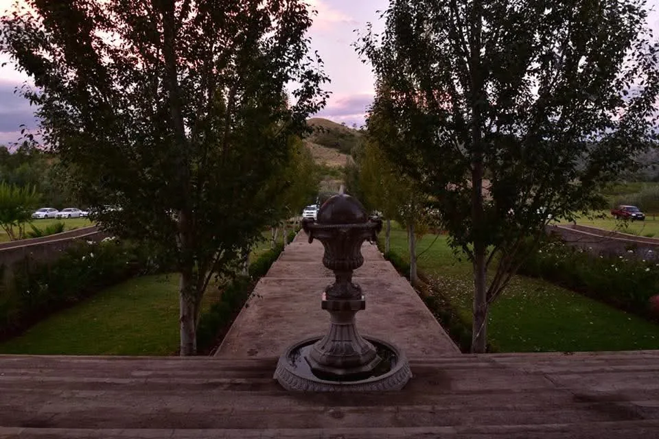 Courtyard fountain between two trees at dusk